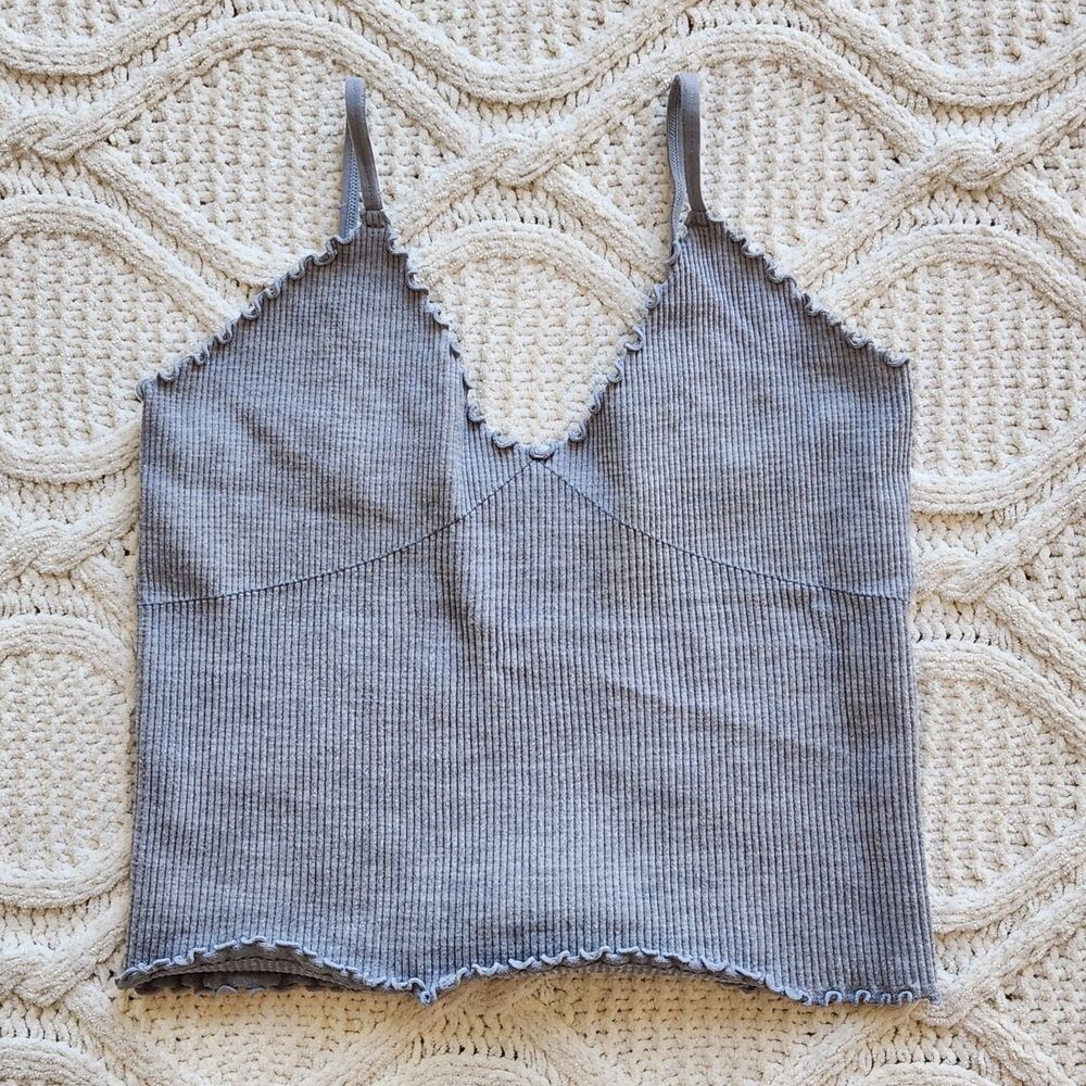 Gray Ribbed V neck Spaghetti Strap Ruffled Crop Top  Size S